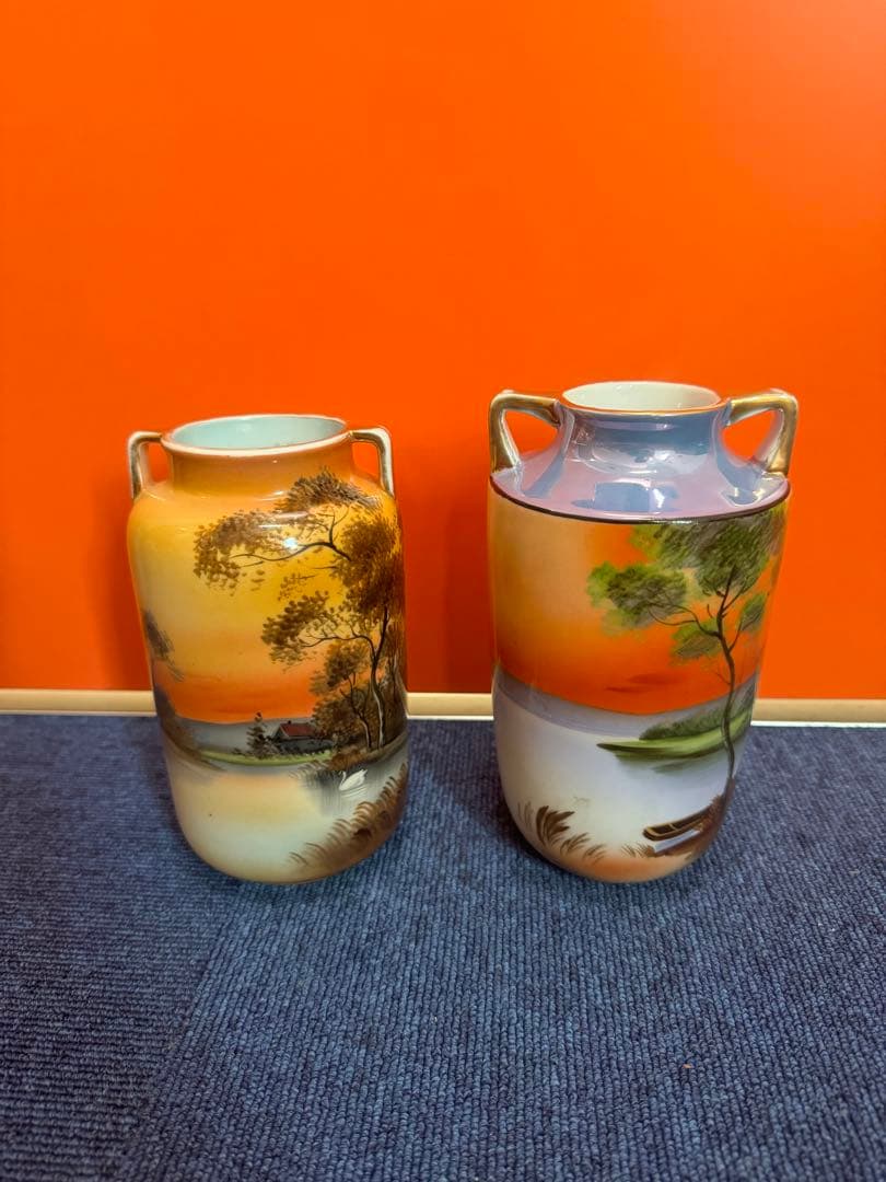 1843  オールドノリタケ　双耳風景図　花瓶   2客　時代物