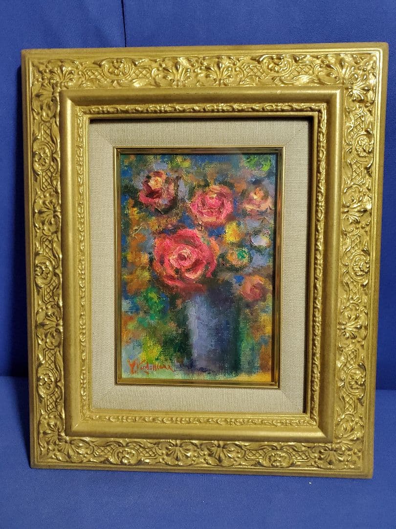 小泊芳彦作 バラの油彩画 SM号 金色フレーム B-11