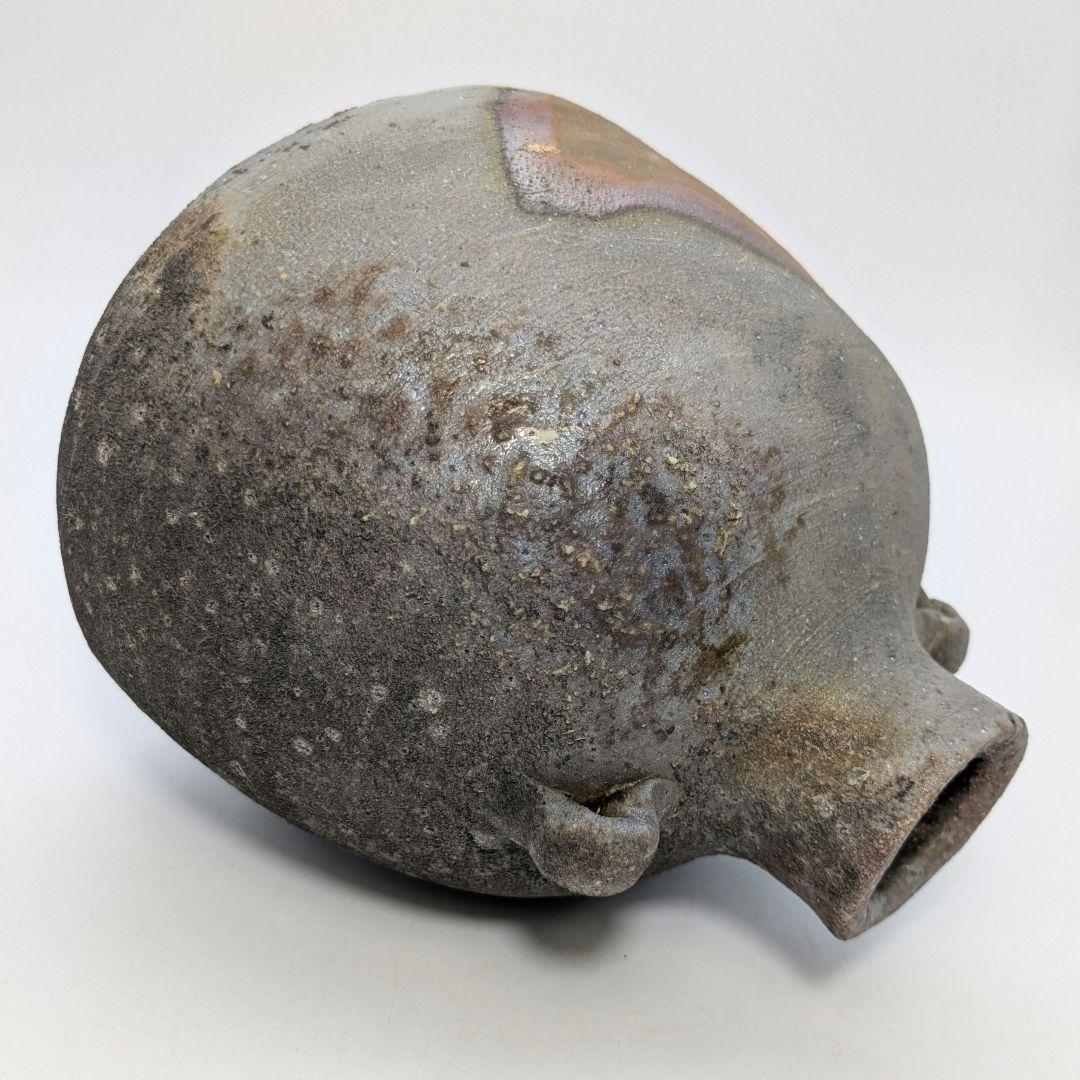 人間国宝 伊勢崎淳 備前焼 窯変扁壺 用心箱 扁壷 花器 耳付花入 花瓶 置物