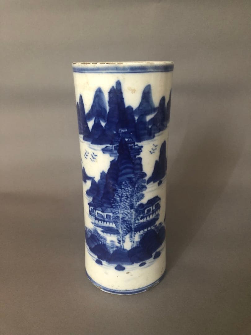 中国骨董　陶器　清朝　花瓶 花器　染付山水花瓶 骨董