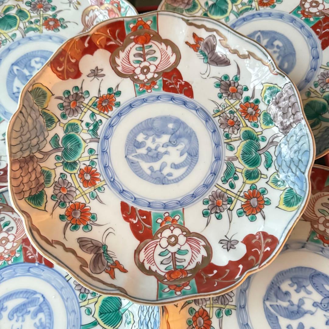 Aさまに感謝お嫁入り‼️渾身伊万里錦手　Dragon❌あじさい桐に蝶蜂菊7寸皿2客