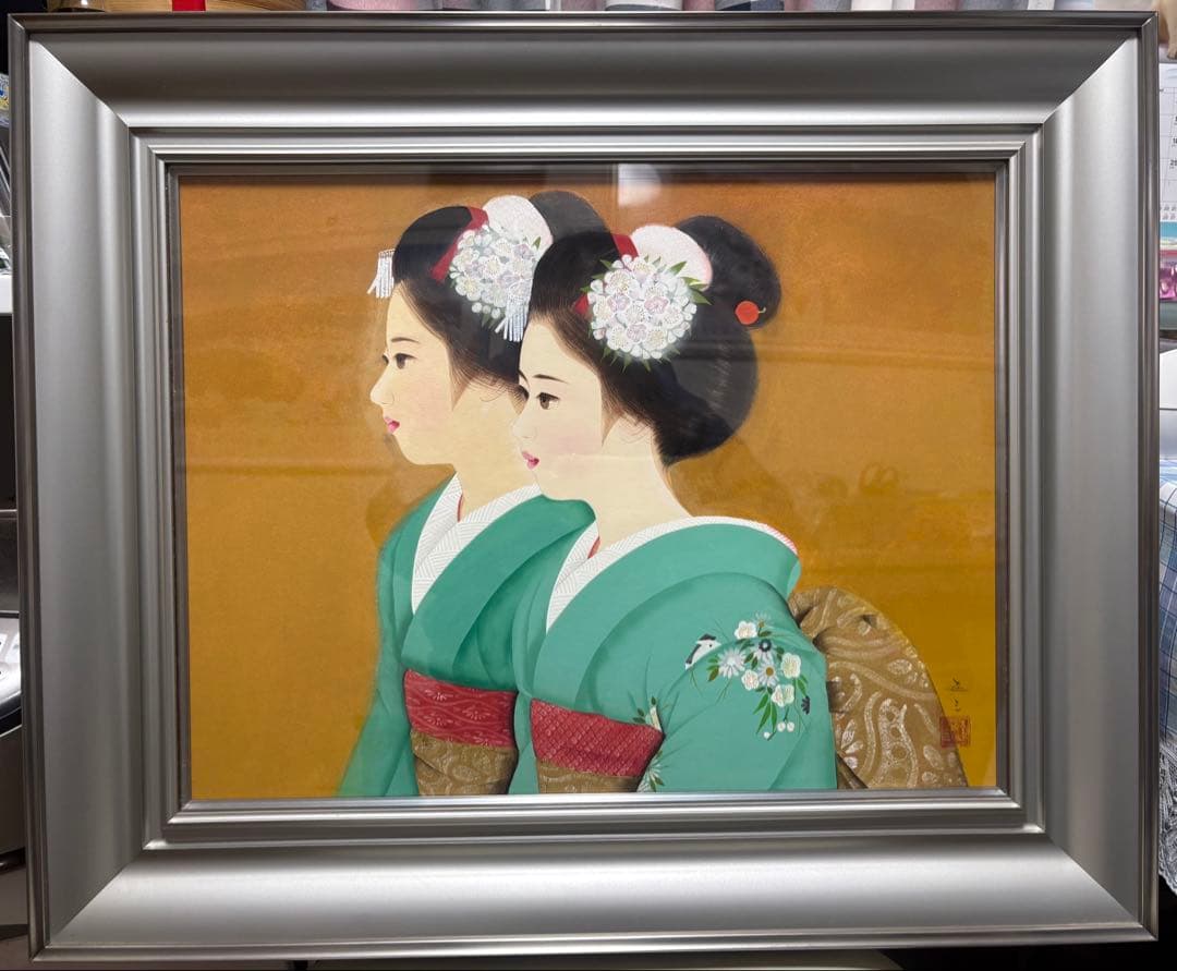 日本画 双子の女性 シルバーフレーム